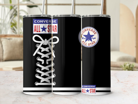 Black tumbler with white laces and Converse All Star logo.