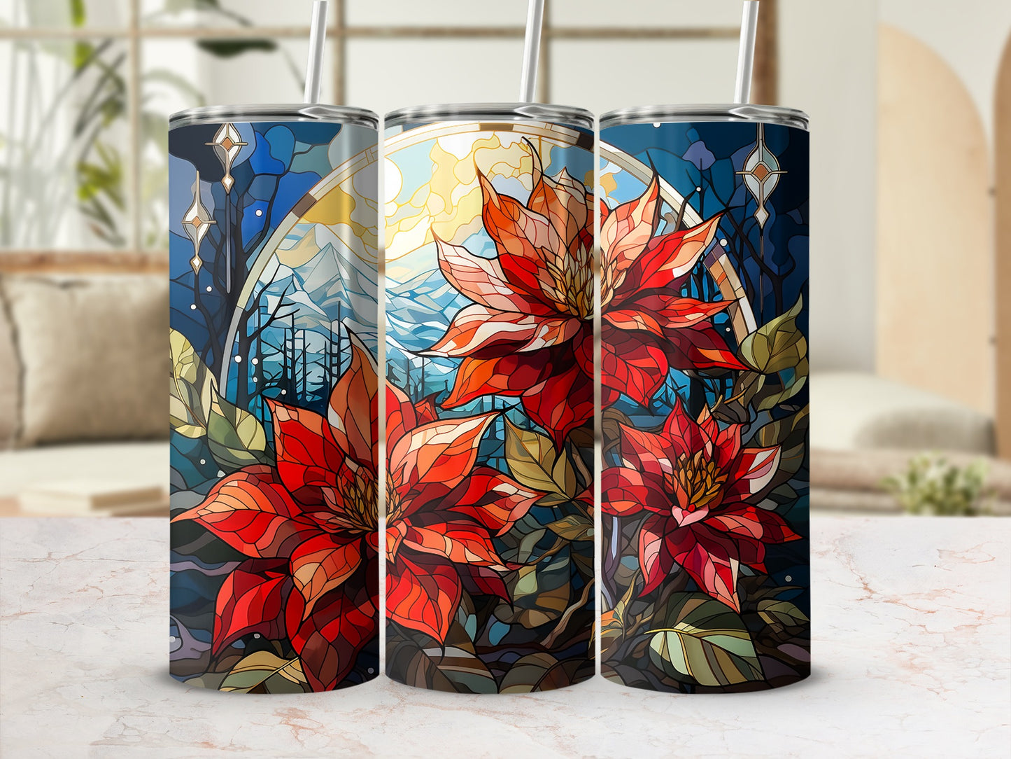 Three floral patterned tumblers with stained glass-like poinsettias and woodland scene.