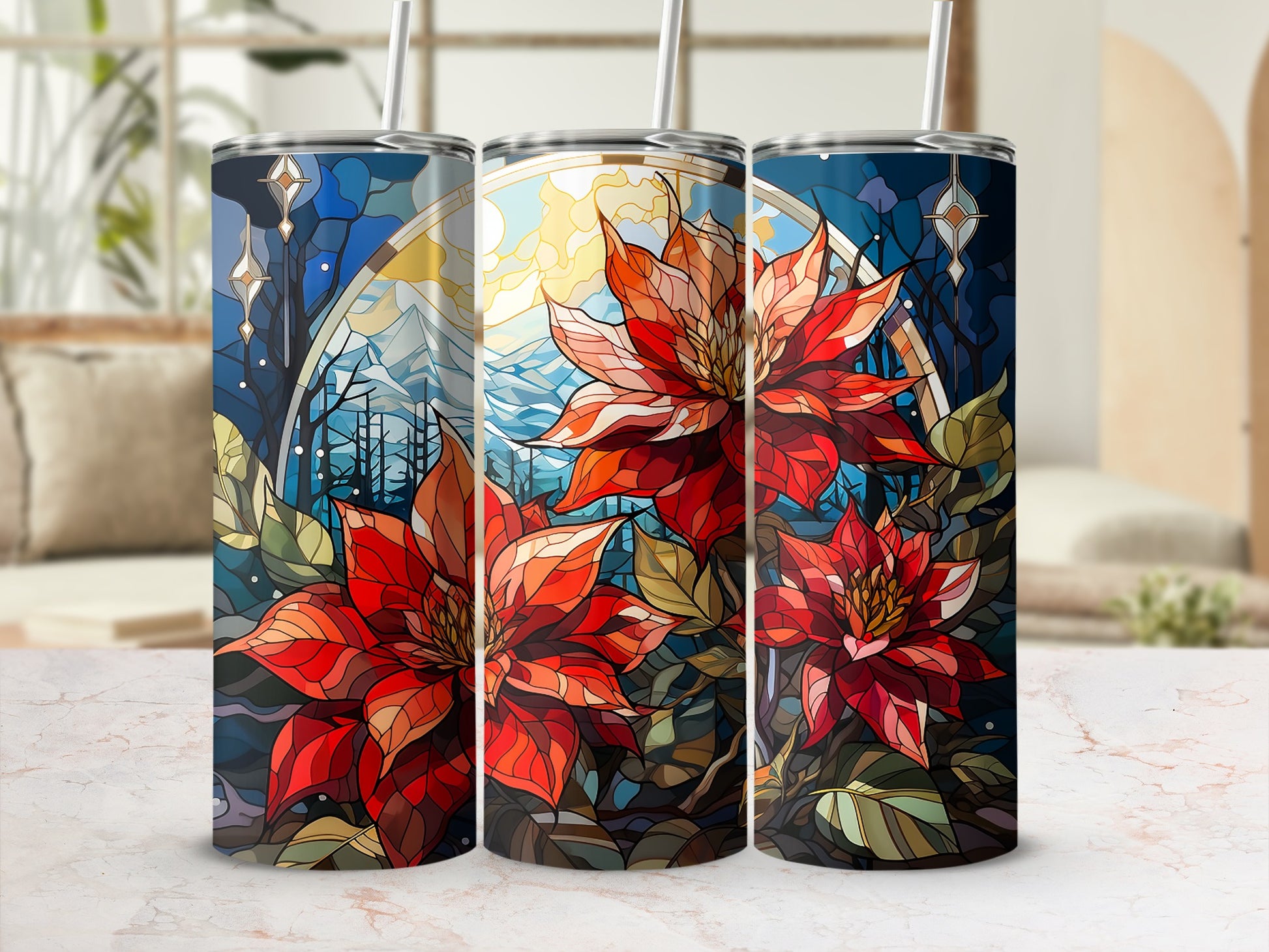 Three floral patterned tumblers with stained glass-like poinsettias and woodland scene.
