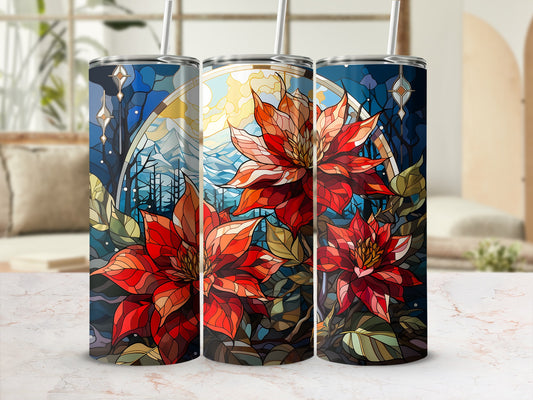 Three floral patterned tumblers with stained glass-like poinsettias and woodland scene.