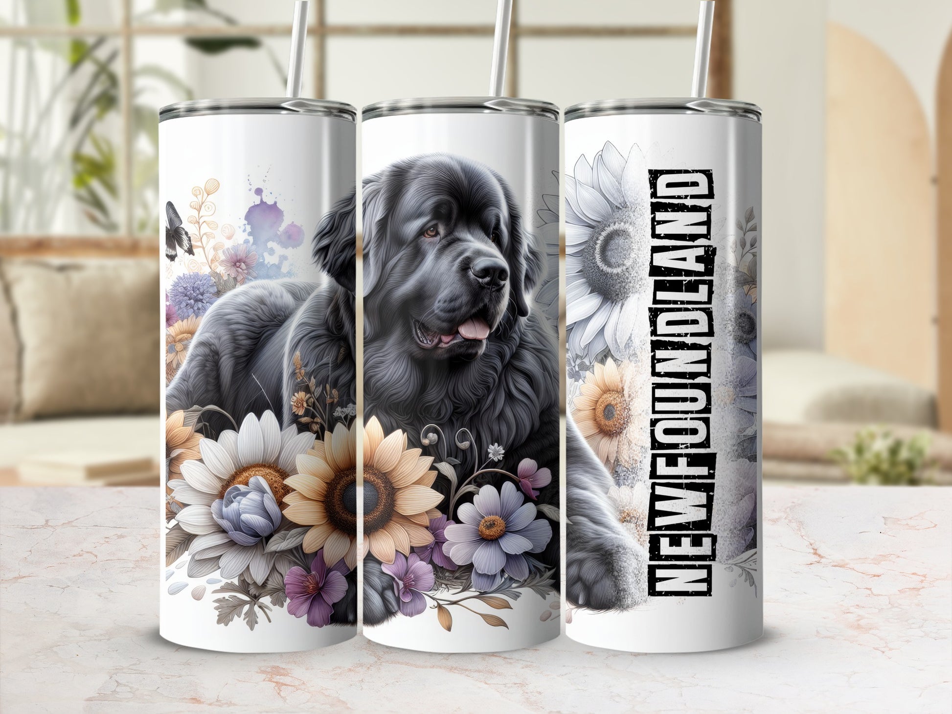 Newfoundland dog with floral accents on three tumblers.