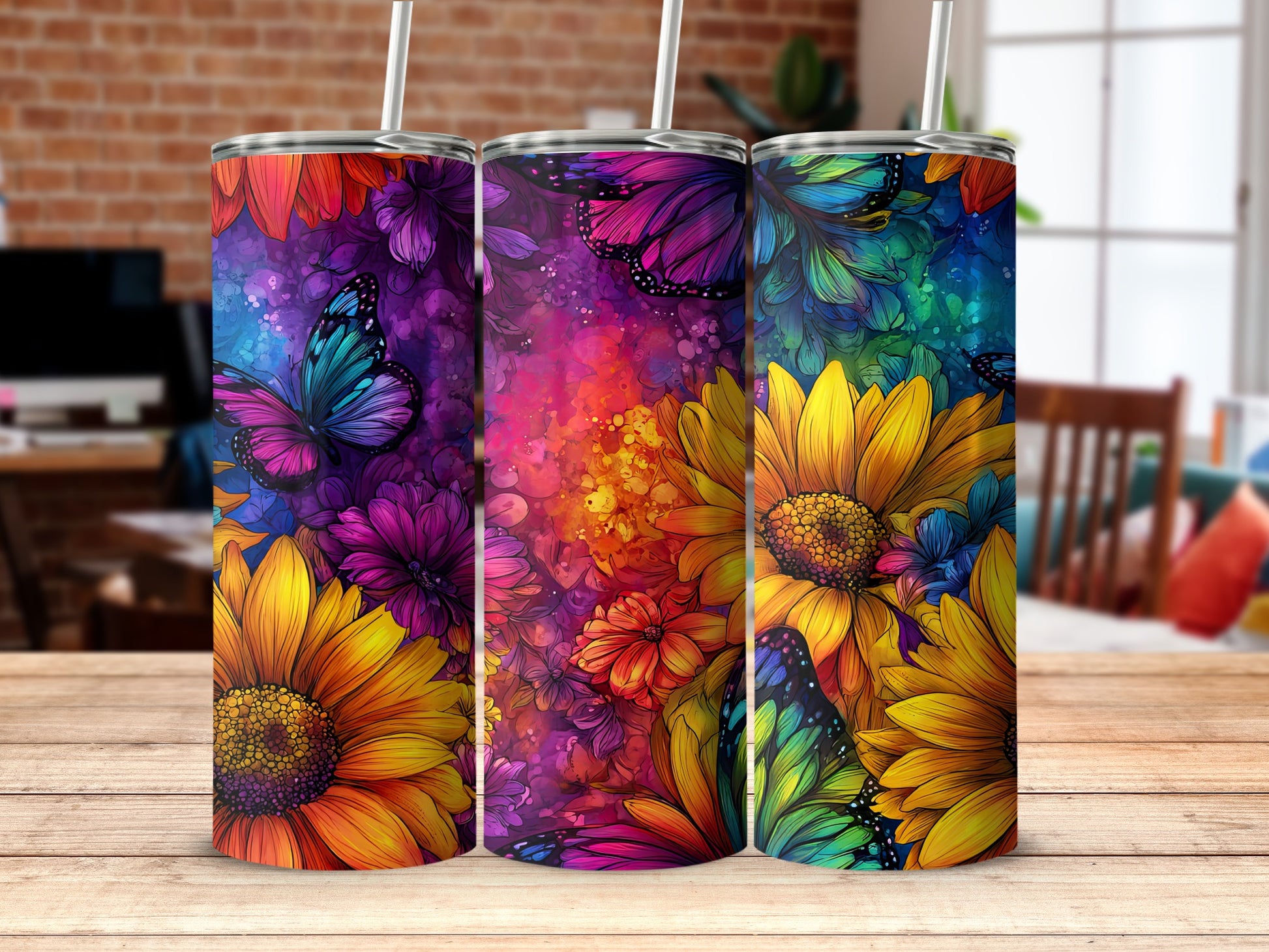 Colorful Floral and Butterfly Tumbler Cup