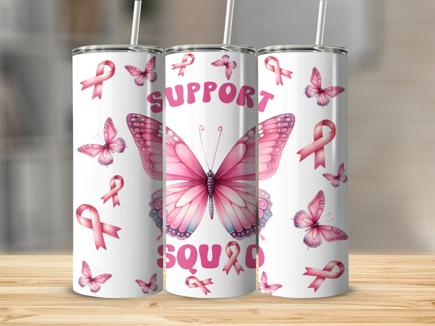 Three tumblers with pink butterflies and "Support Squad" text.