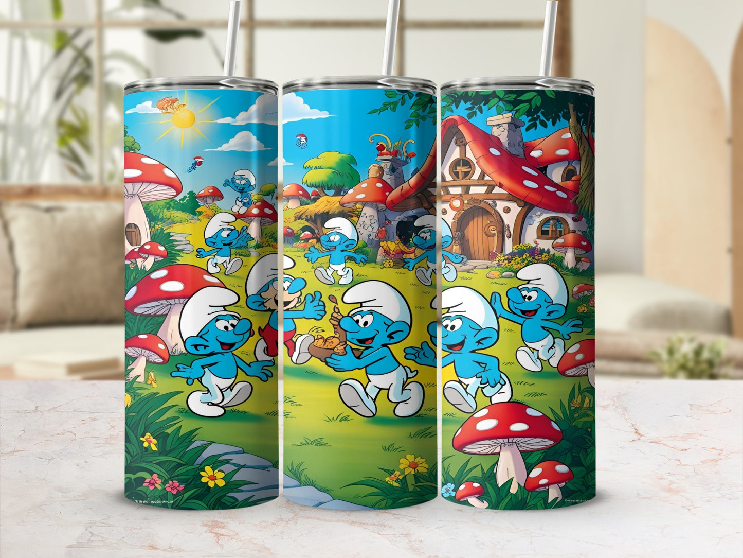 Smurfs picking berries and mushrooms in a whimsical village setting.