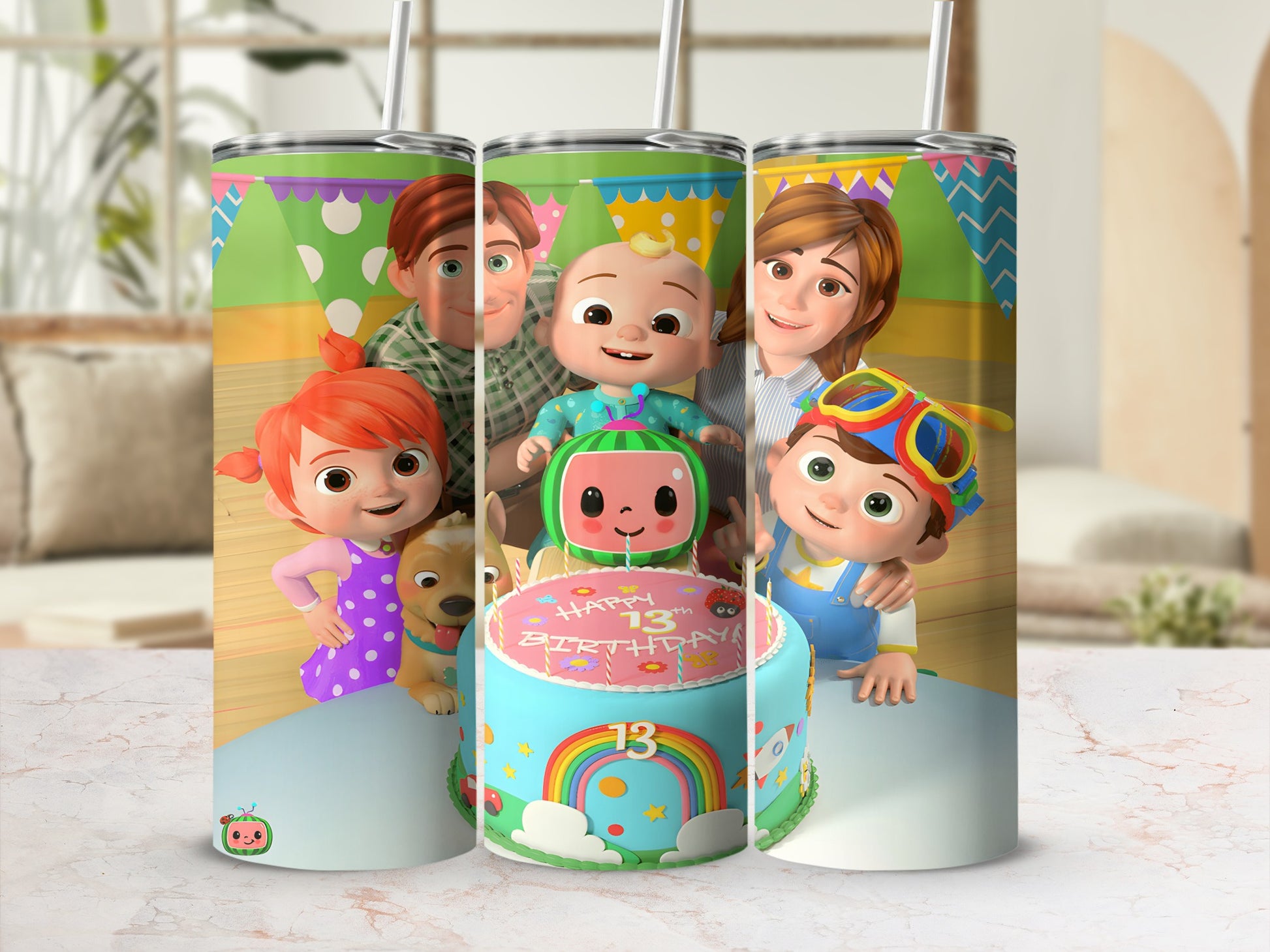 Cocomelon characters celebrate a "Happy 13th Birthday" on a colorful tumbler.