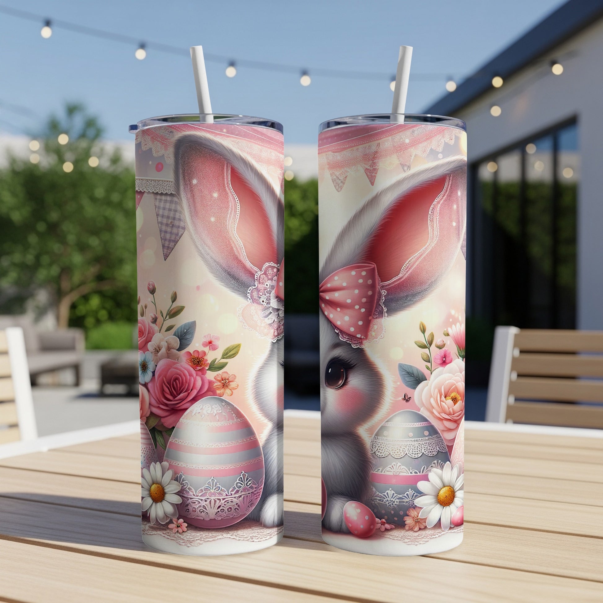 Two Easter bunny tumblers with floral and egg designs sit on a table.