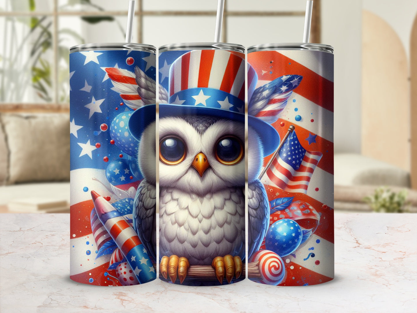 Cute patriotic owl wearing a hat with US flags and fireworks.