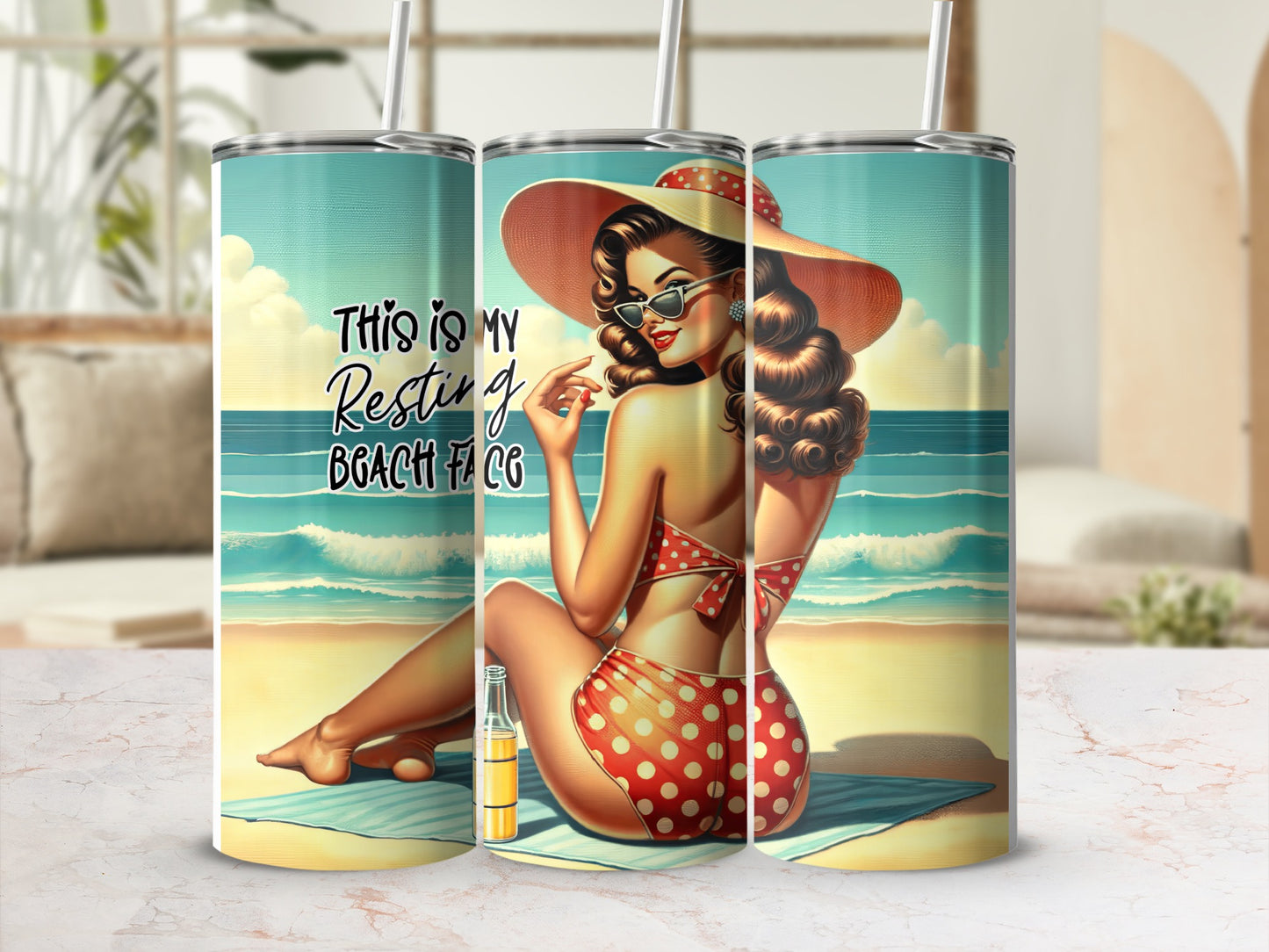 Vintage pin-up woman in polka dot bikini on beach, text "This is my resting beach face".