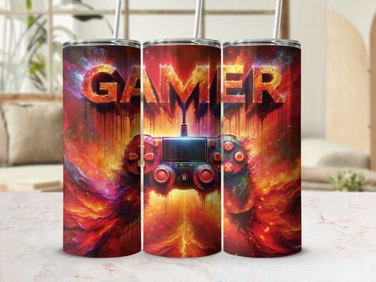 Gamer-themed tumbler with a dripping, fiery controller design.