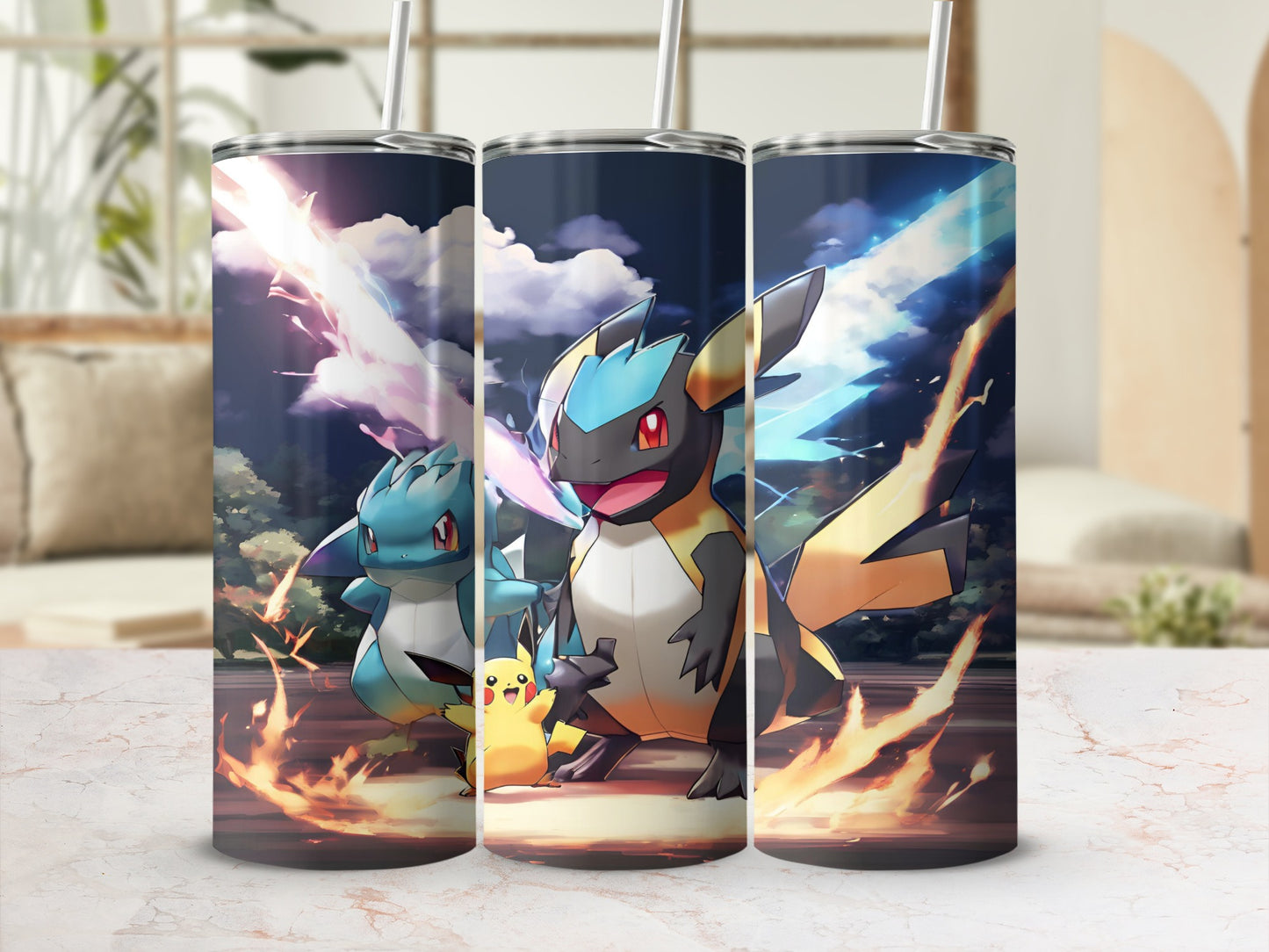 Three Pokémon characters, including Pikachu, in a dynamic, fiery scene.