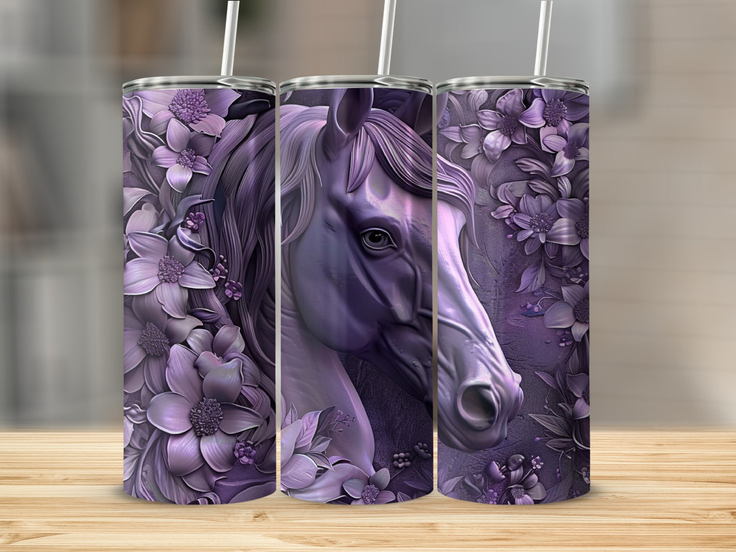 Purple horse and floral design on three tumblers.