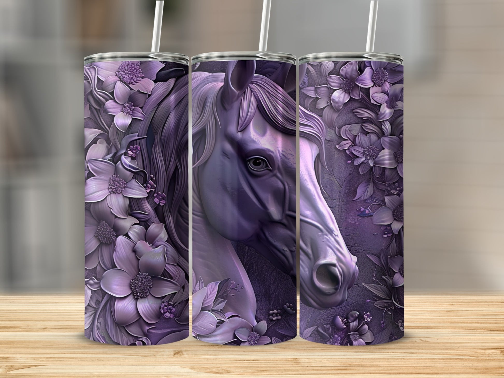 Purple horse and floral design on three tumblers.
