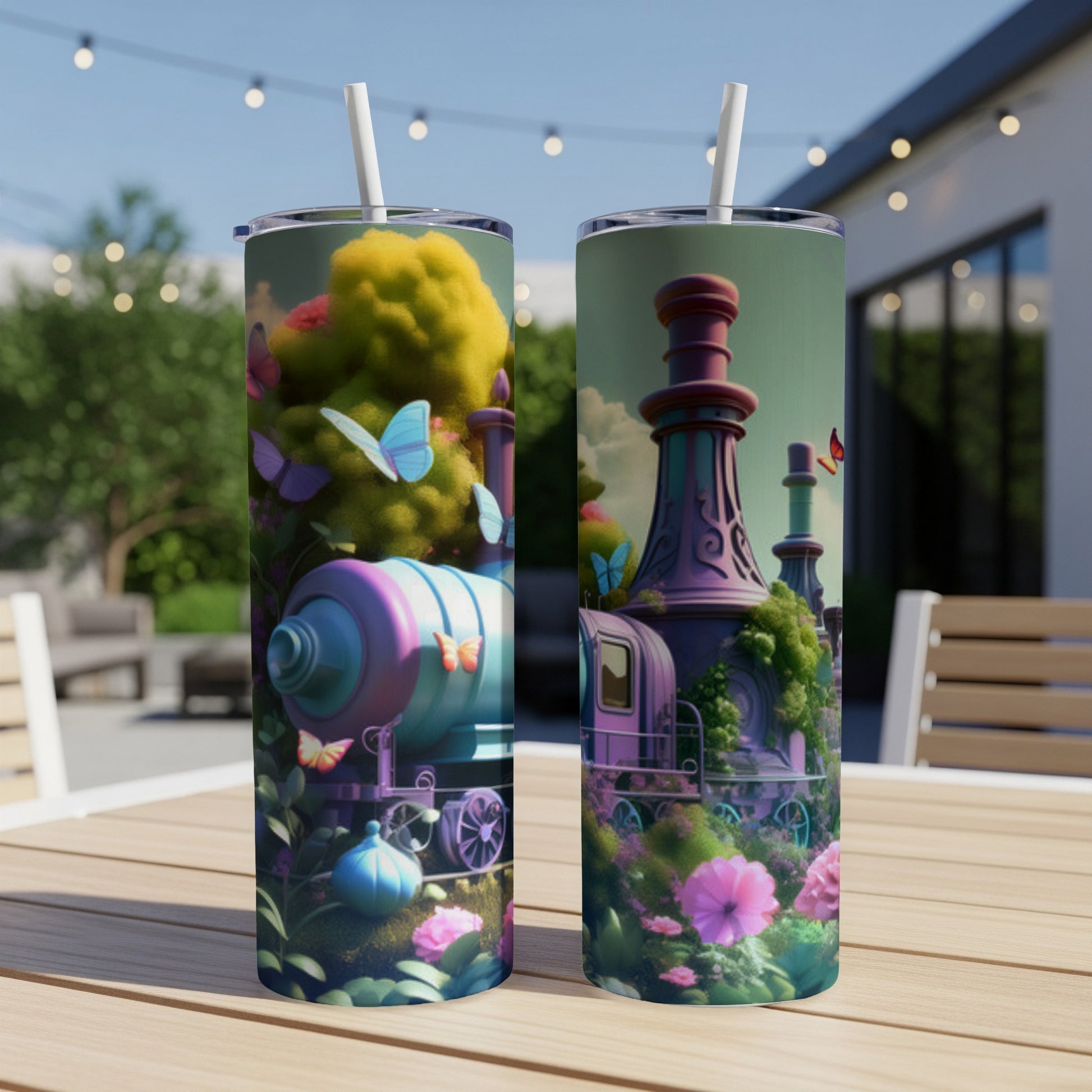 Two tumblers with whimsical train designs and flowers, outdoors.