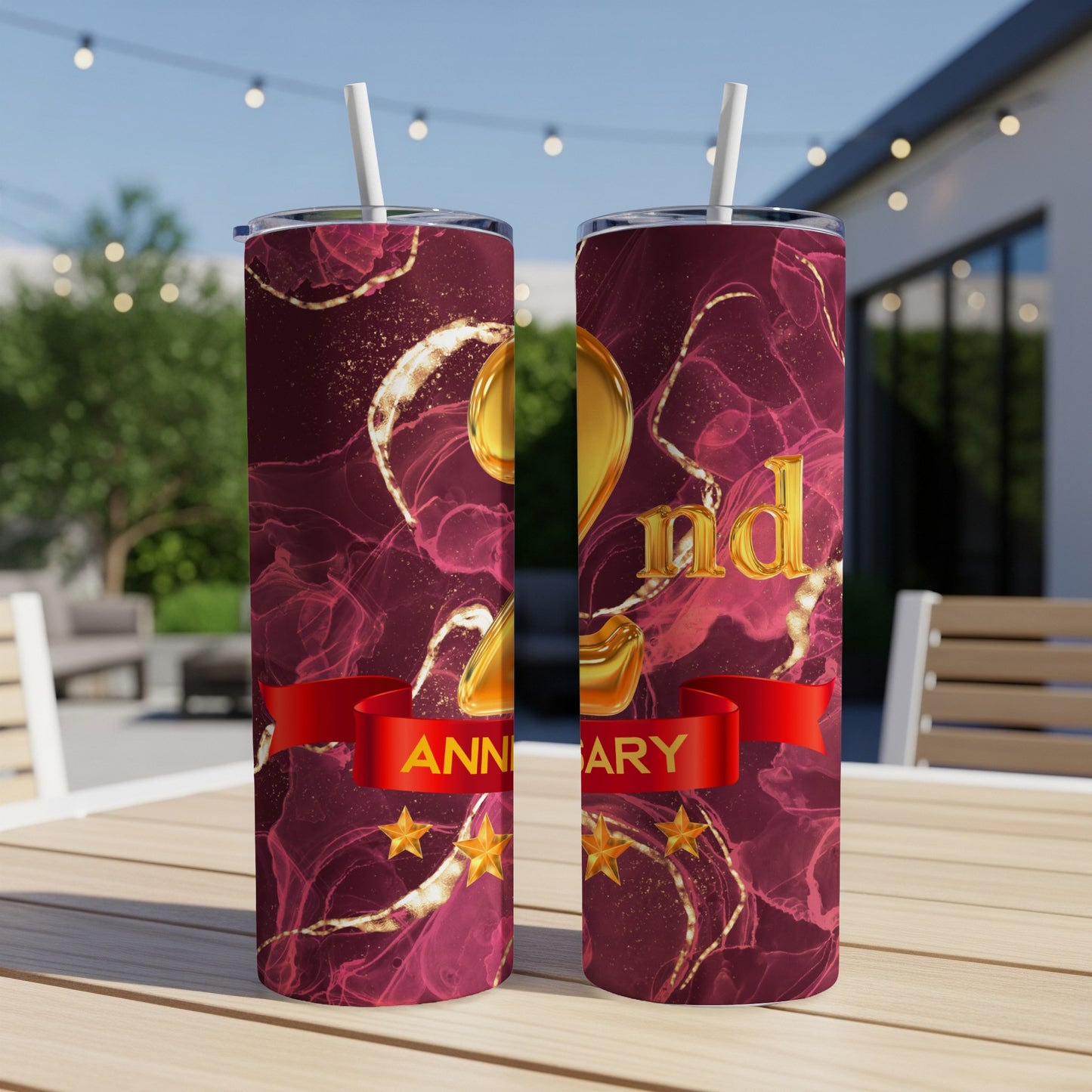 Red marble tumbler with gold "2nd Anniversary" text and red ribbon.