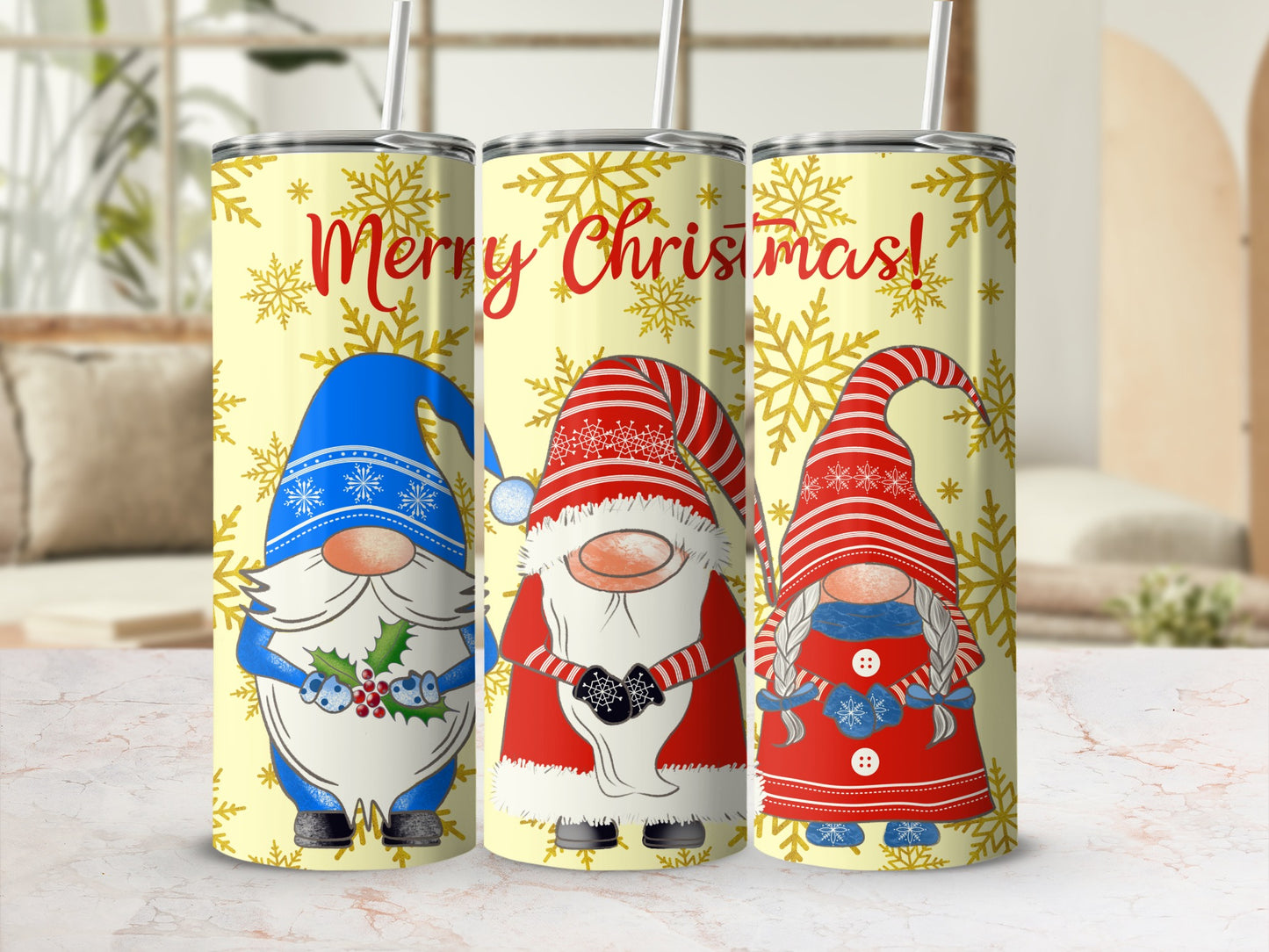 Christmas gnomes in red hats with snowflakes and "Merry Christmas!" text.