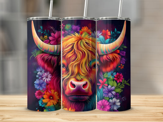 Colorful Highland cow design on three tumblers with floral accents.