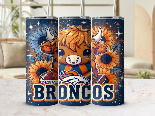 Denver Broncos tumbler featuring a cartoon Highland cow and sunflowers.
