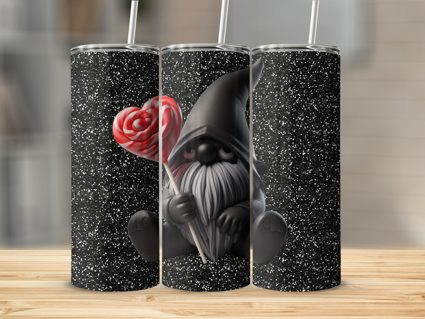 Cute Wizard with Candy Heart Black Glitter Tumbler