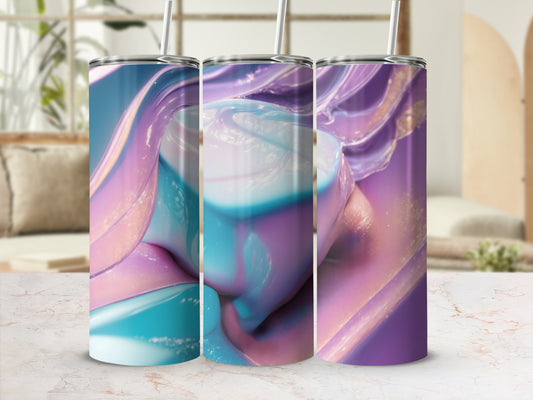 Three tall tumblers with swirling iridescent pink, blue, and purple liquid designs.