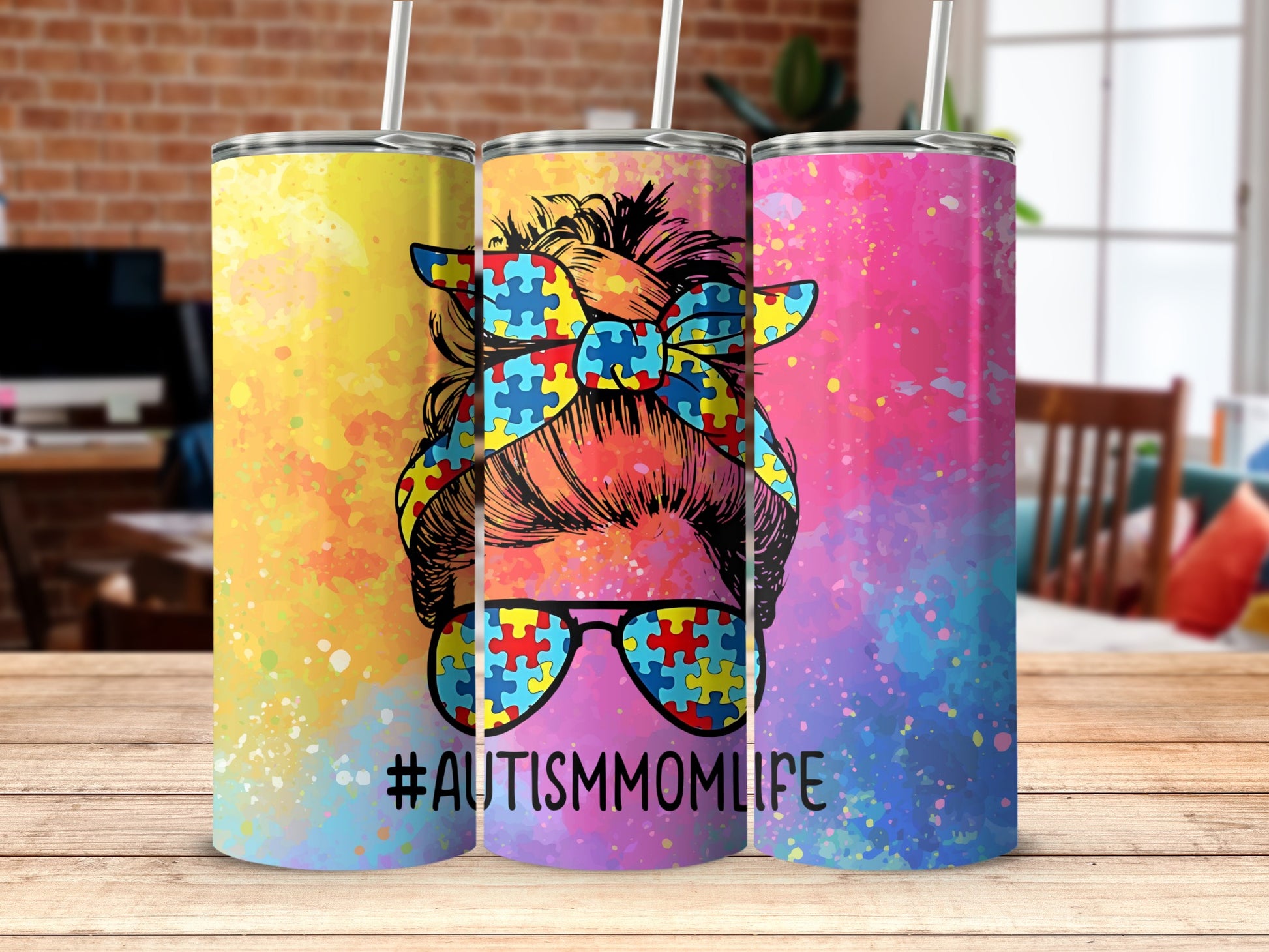 Colorful Autism Mom Life Tumbler with Puzzle Design