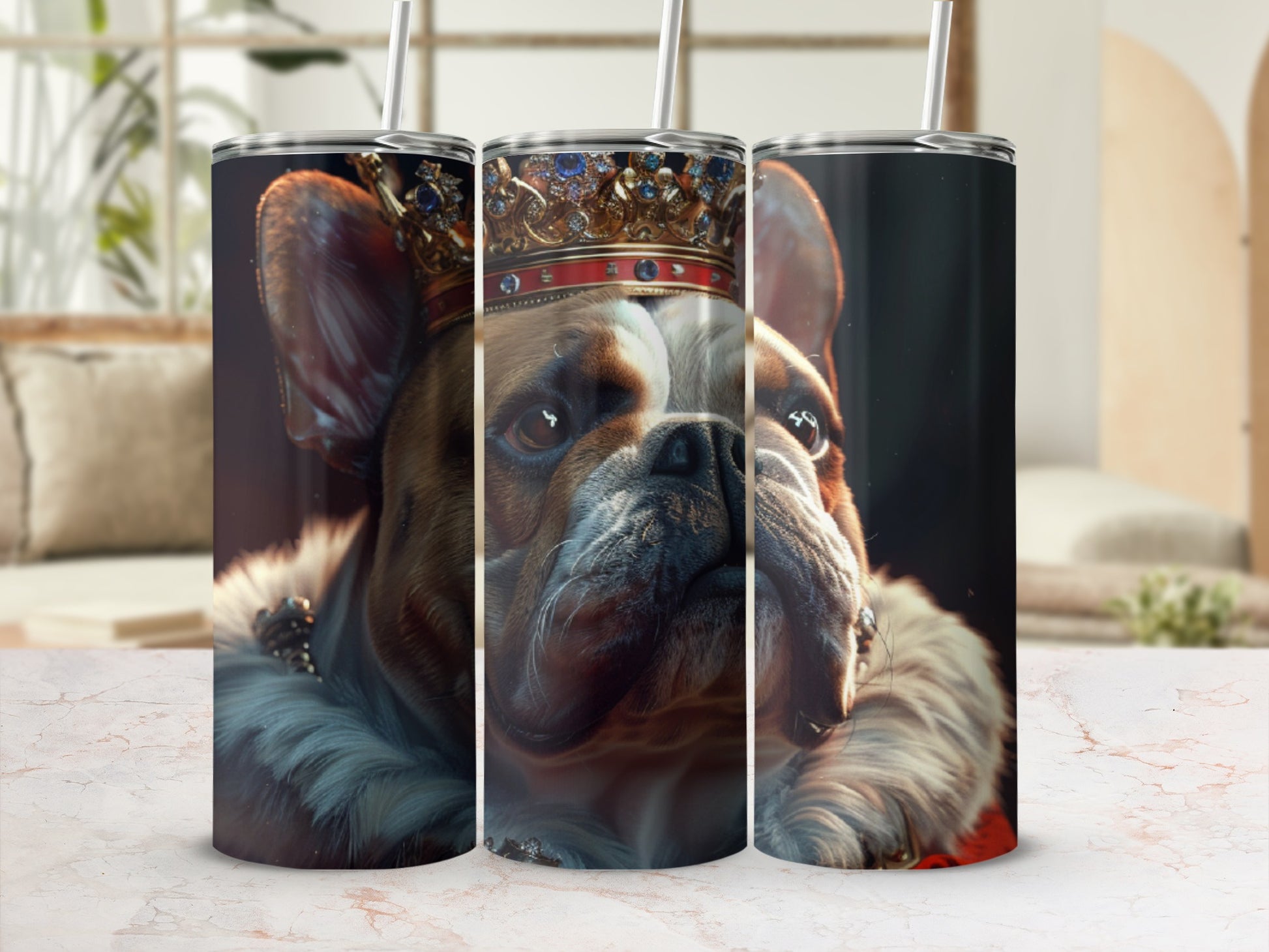 French bulldog wearing a crown and jeweled collar.