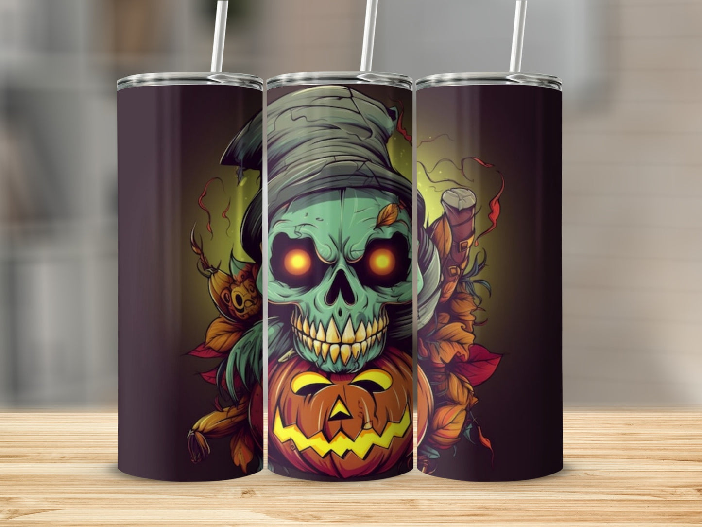 Tumbler with Halloween skull wearing a witch hat over a pumpkin.