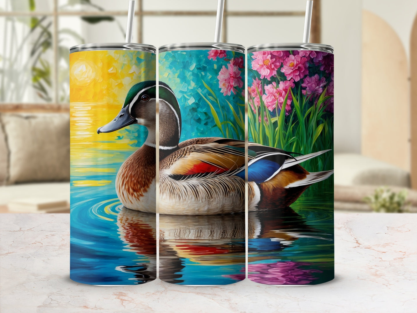 Mallard duck swimming in colorful floral and sunset water scenes.