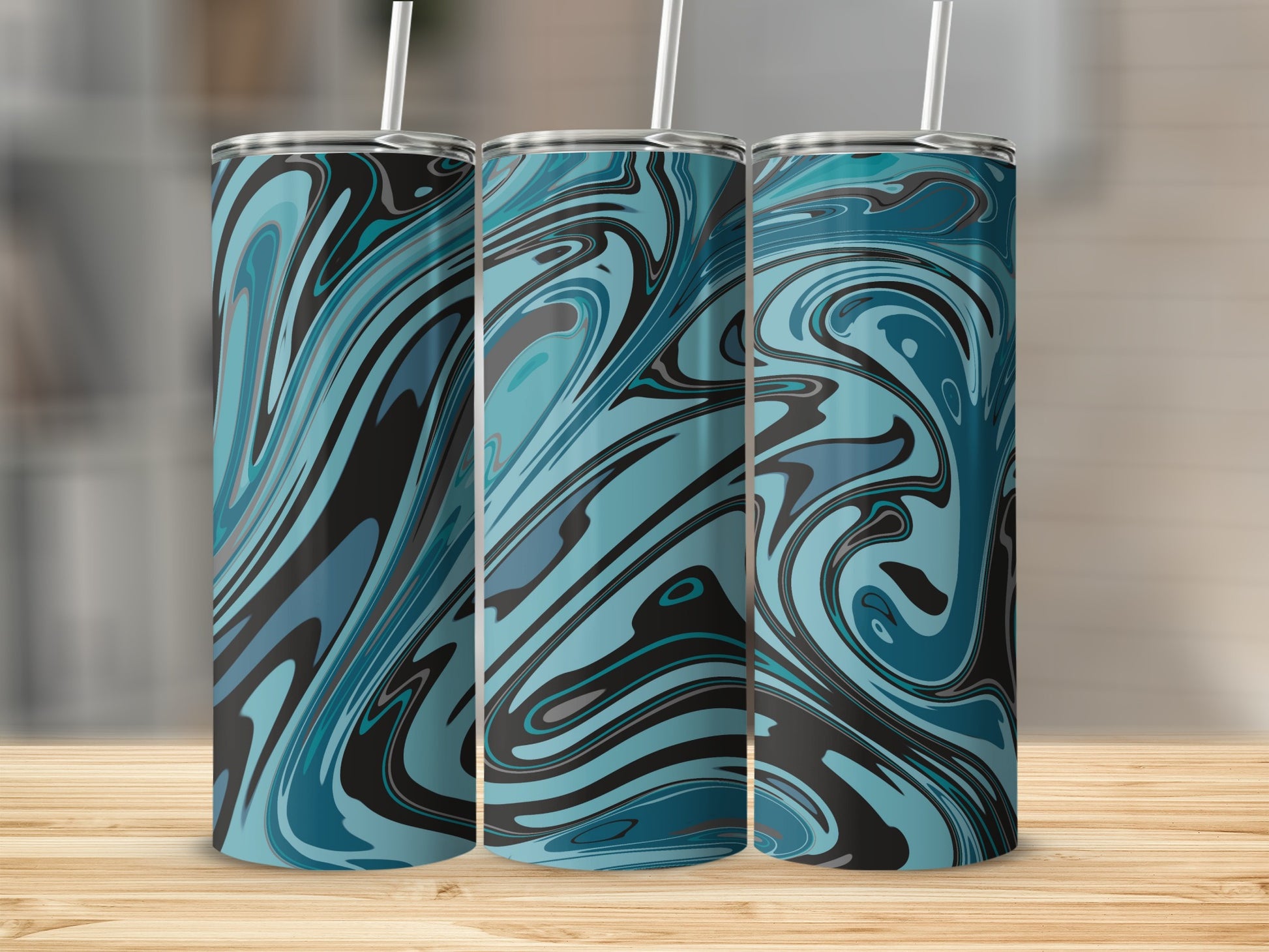 Abstract Teal and Black Swirl Design Tumbler Product