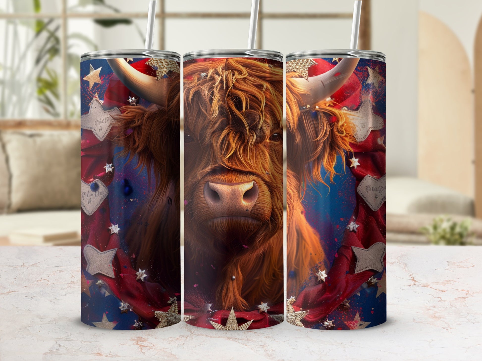 Highland cow on a starry background with red ribbon and stars.