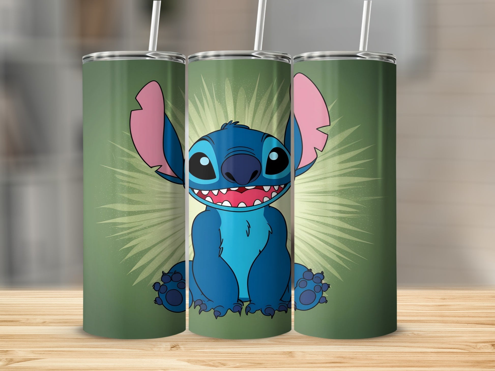 Blue cartoon alien Stitch smiling with pink ears and straws, on a green background.
