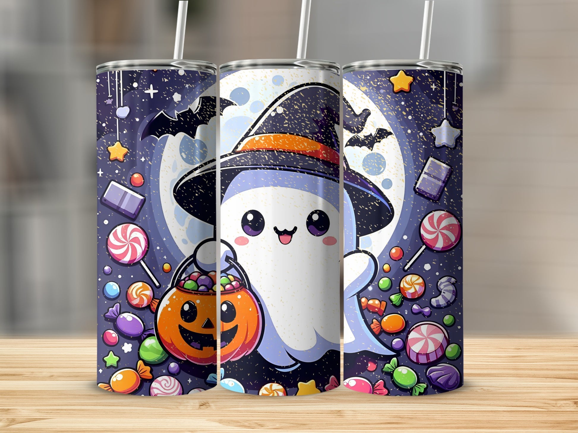 Cute Ghost and Candy Halloween Tumbler Cup