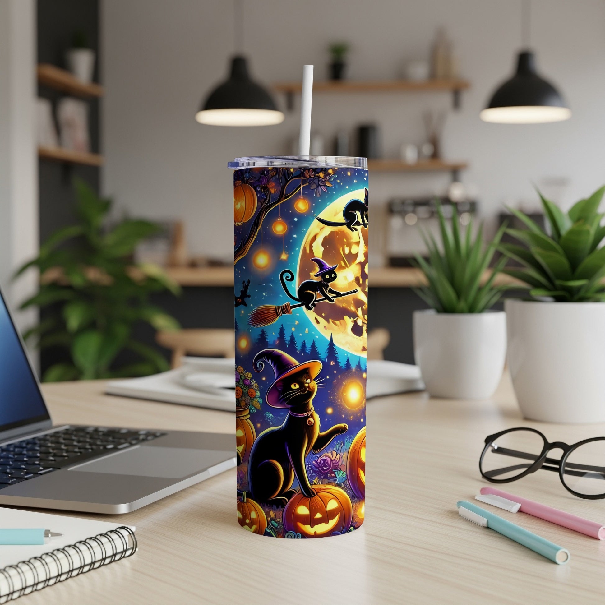 Halloween tumbler with black cats, pumpkins, and a full moon.