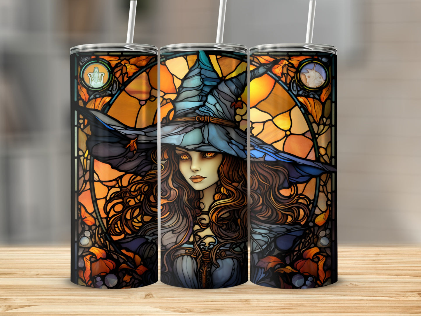 Three stained-glass styled tumblers featuring a witch with flowing hair and a pointed hat.