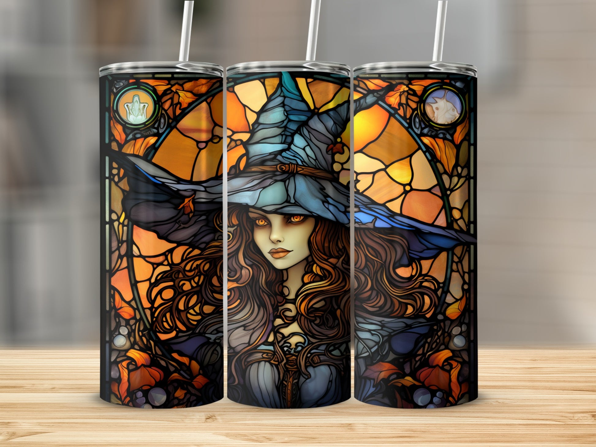 Three stained-glass styled tumblers featuring a witch with flowing hair and a pointed hat.