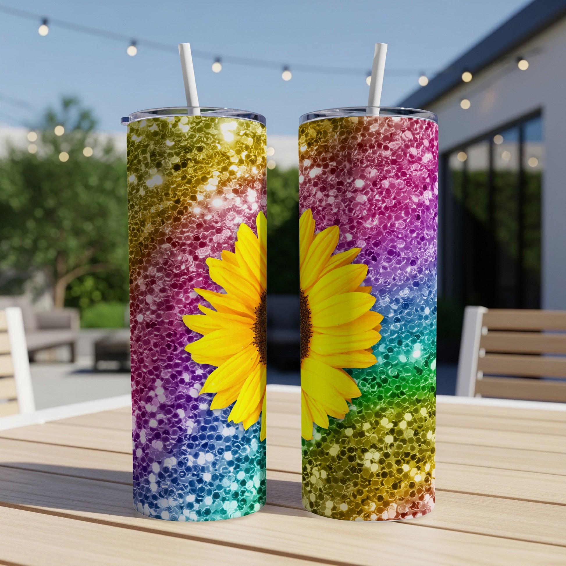 Two tumblers with sunflowers and rainbow glitter on an outdoor table.