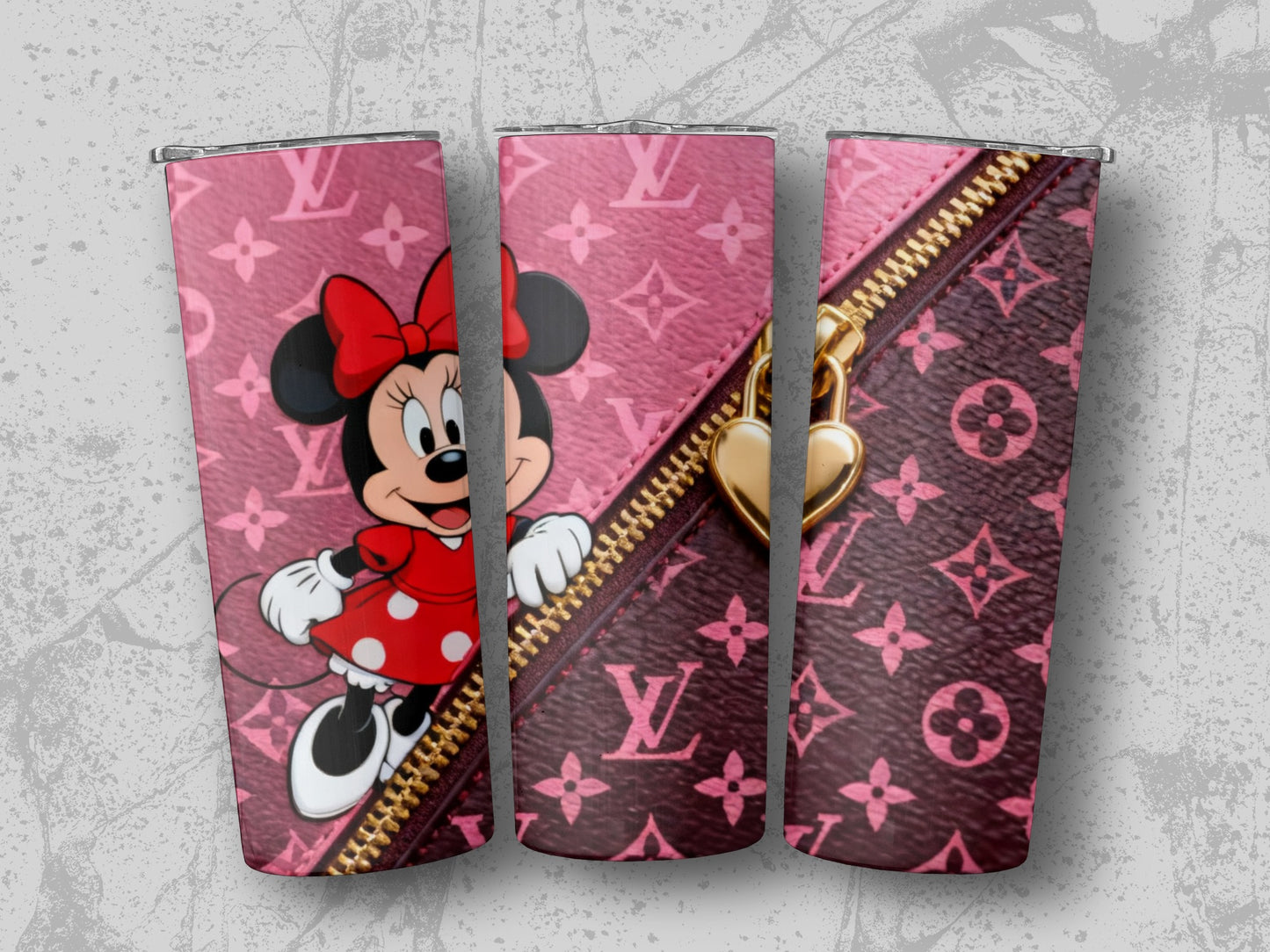 Minnie Mouse and LV monogram on pink tumbler with gold zipper and heart.