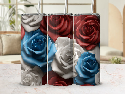 Three stainless steel tumblers with red, white, and blue rose floral pattern.