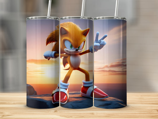 Sonic the Hedgehog character with outstretched arm and peace sign on a tumbler.