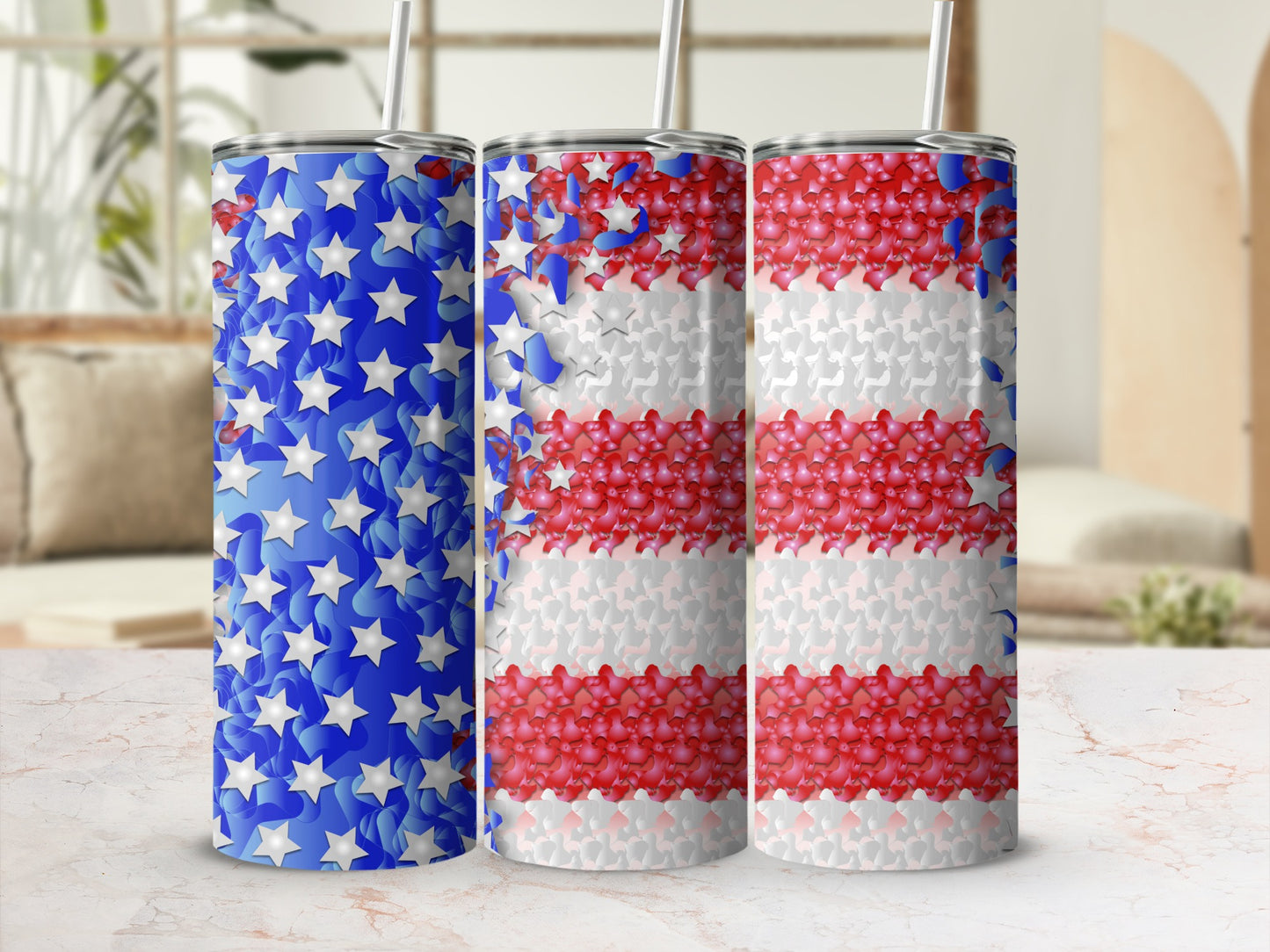 Three tumblers with patriotic star and stripe patterns.