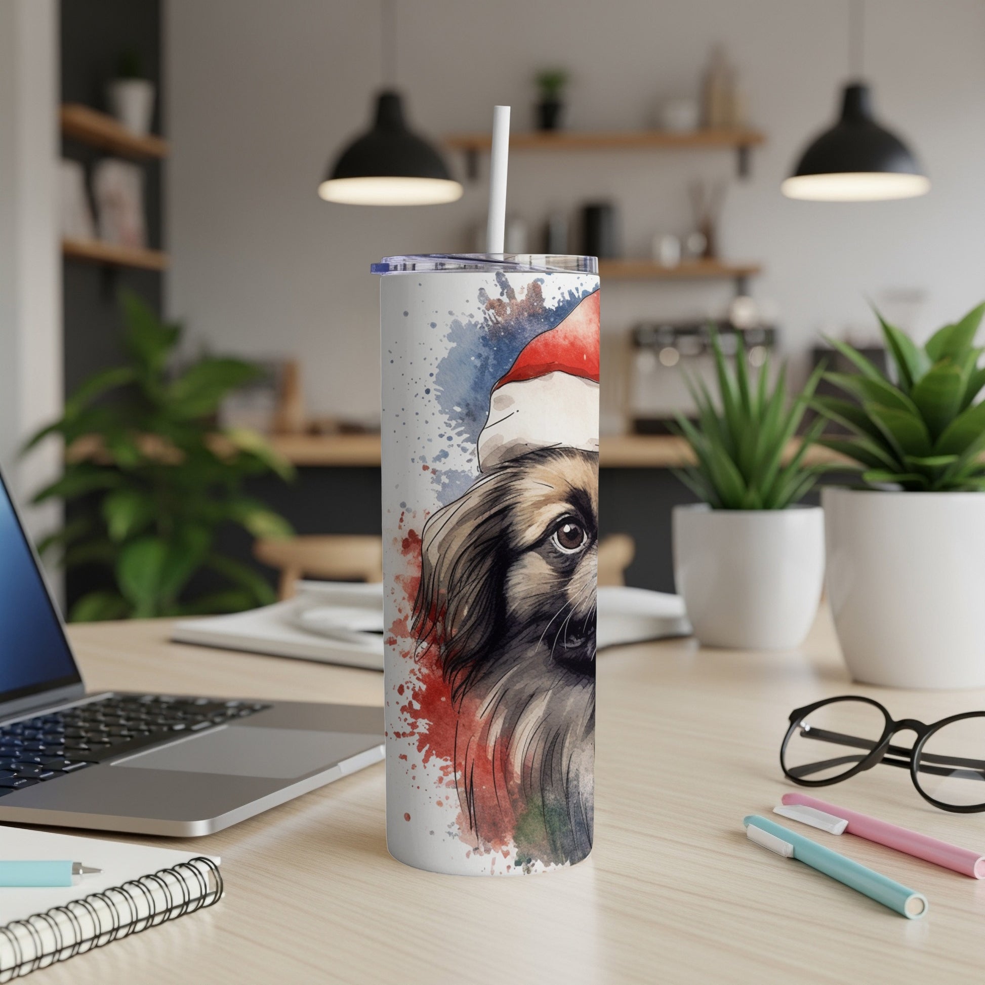 Shih Tzu dog wearing a Santa hat, watercolor design on a tumbler.