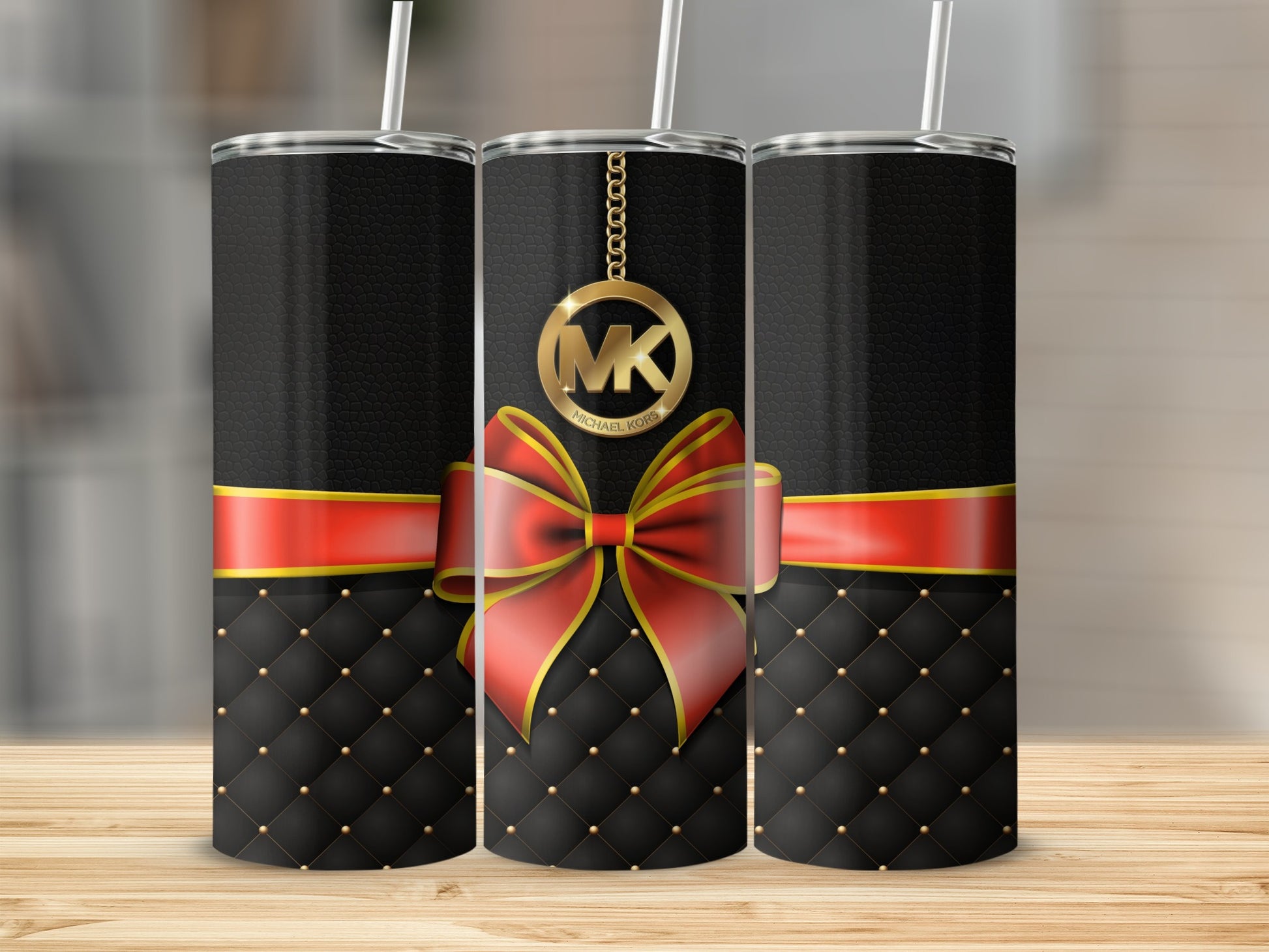 Elegant Black and Red Tumbler with Gold Logo Design