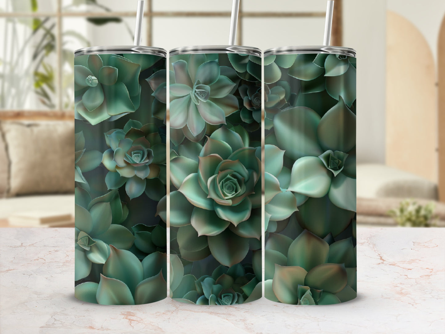 Three tumblers with a close-up succulent plant pattern, each with a straw.