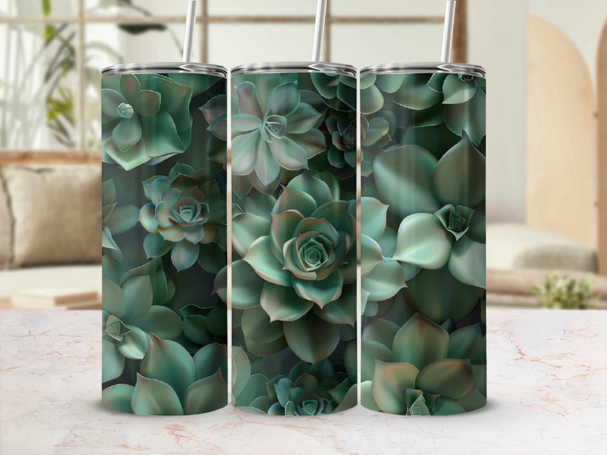 Three tumblers with a close-up succulent plant pattern, each with a straw.