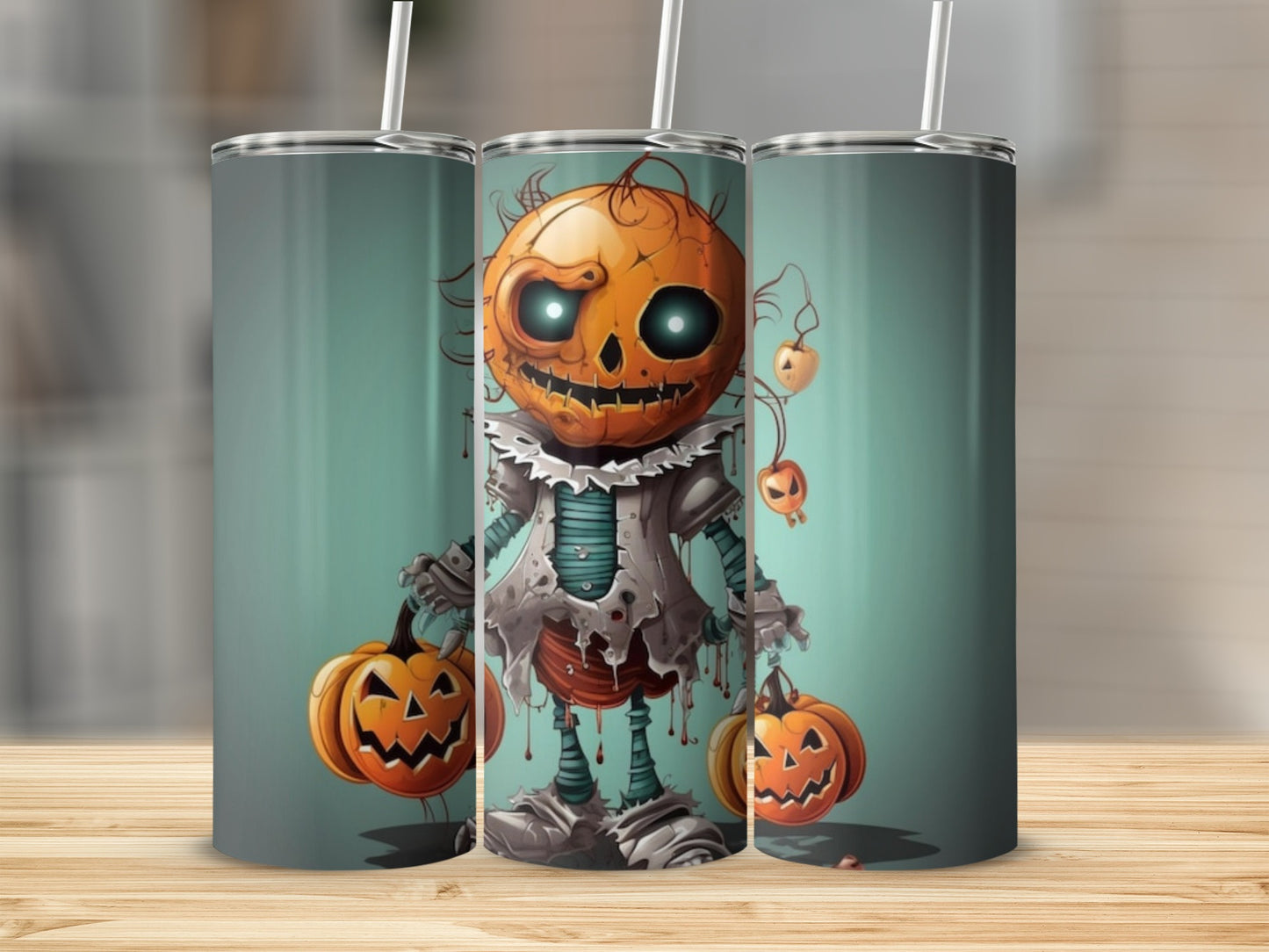 Halloween tumbler featuring a spooky pumpkin scarecrow character holding pumpkins.
