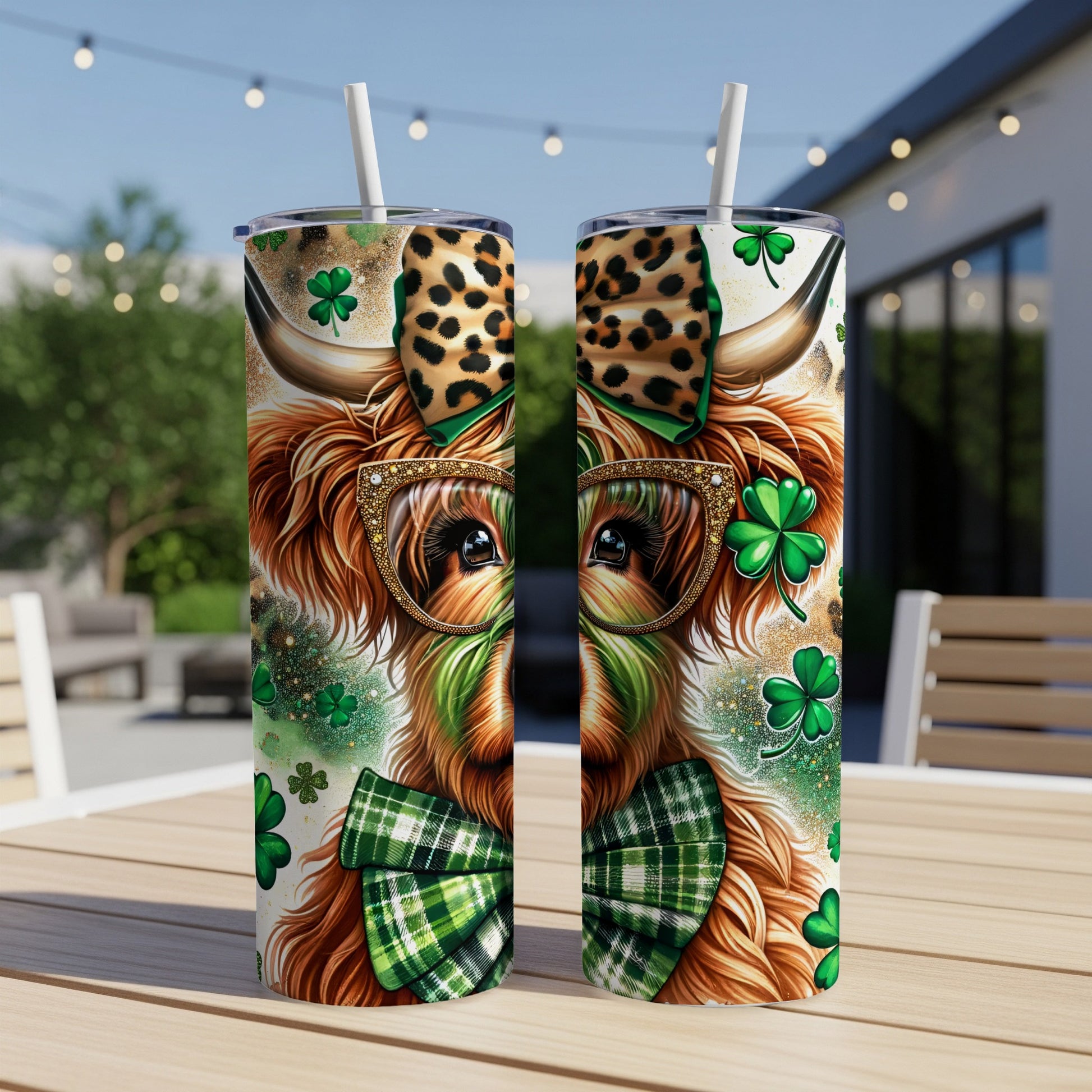 Highland cow with shamrocks and leopard print on a tumbler.