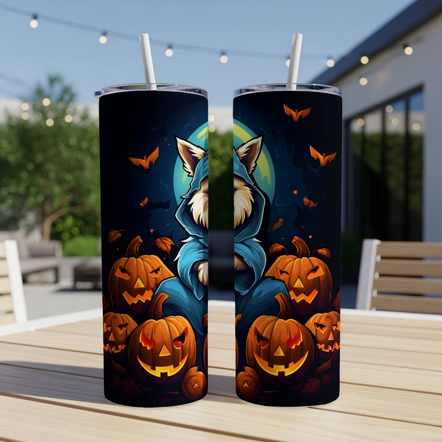Halloween tumbler with a wolf in a blue robe surrounded by jack-o'-lanterns and bats.