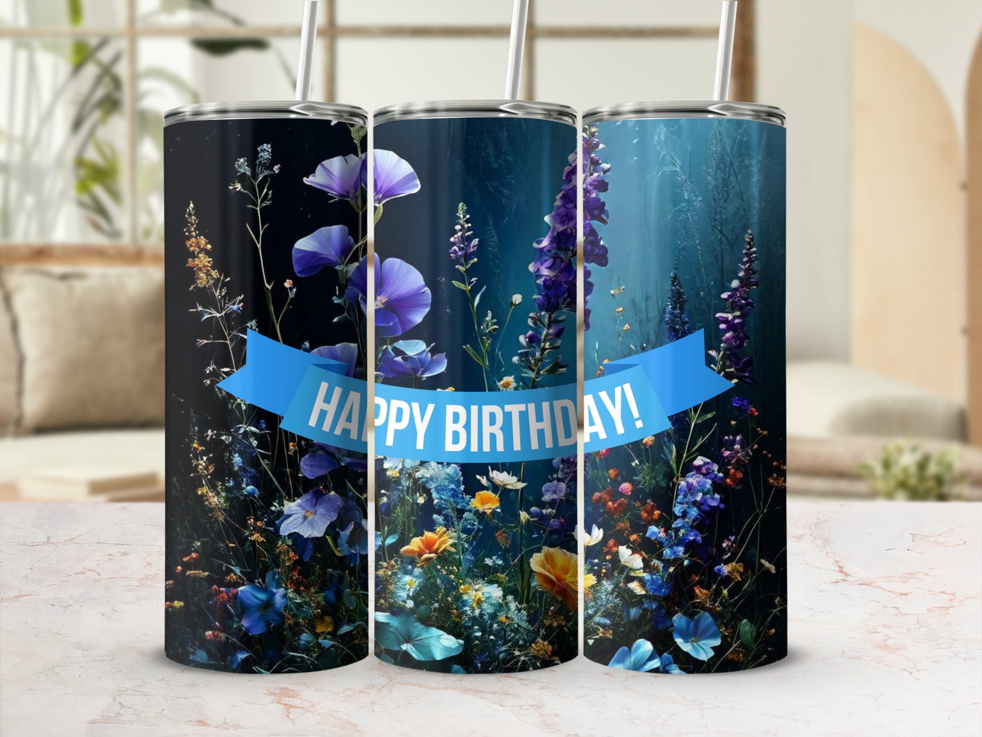 Tumbler with "Happy Birthday!" banner and a dark floral background.