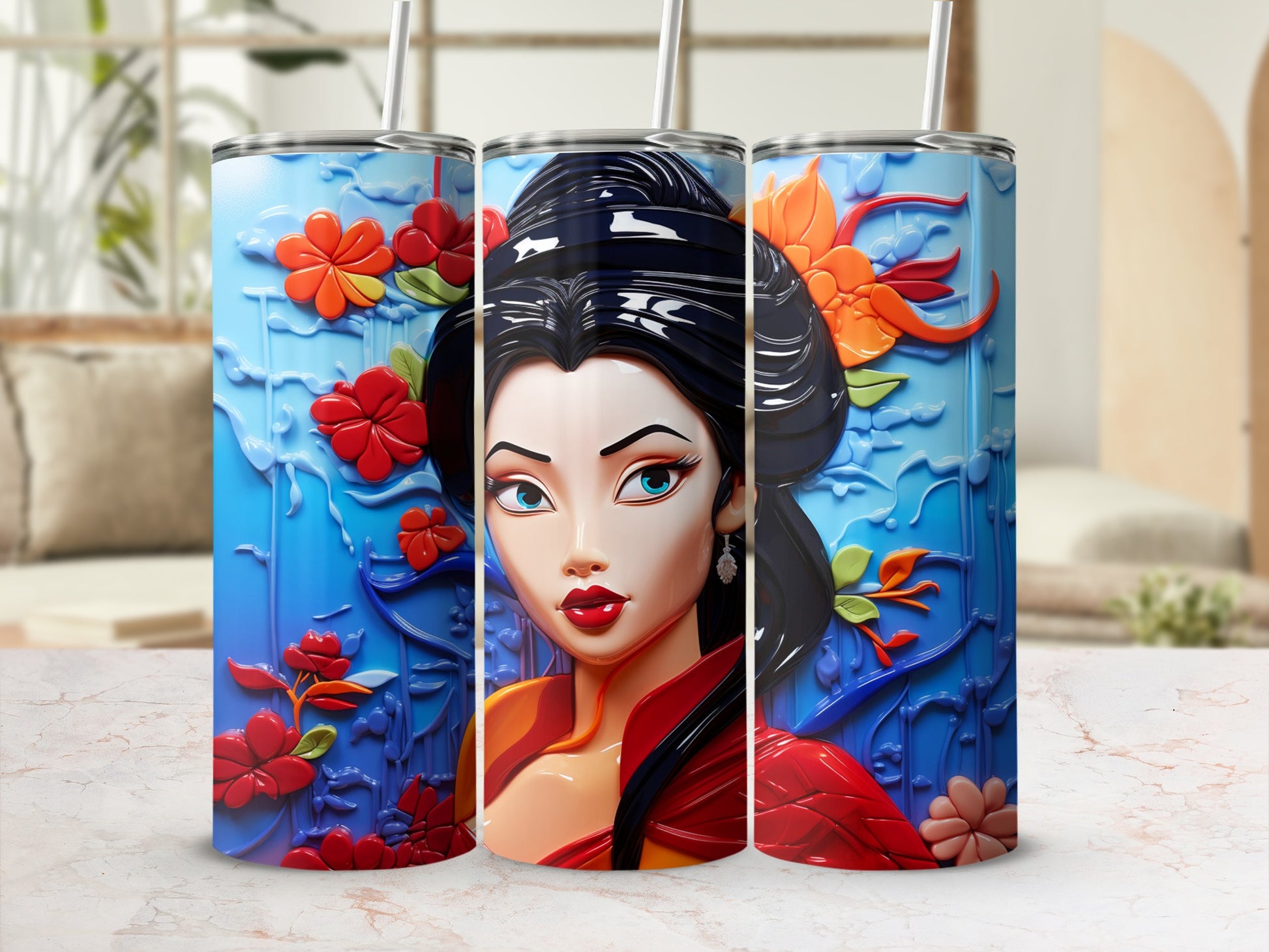 Vibrant Floral and Portrait Design Insulated Tumbler