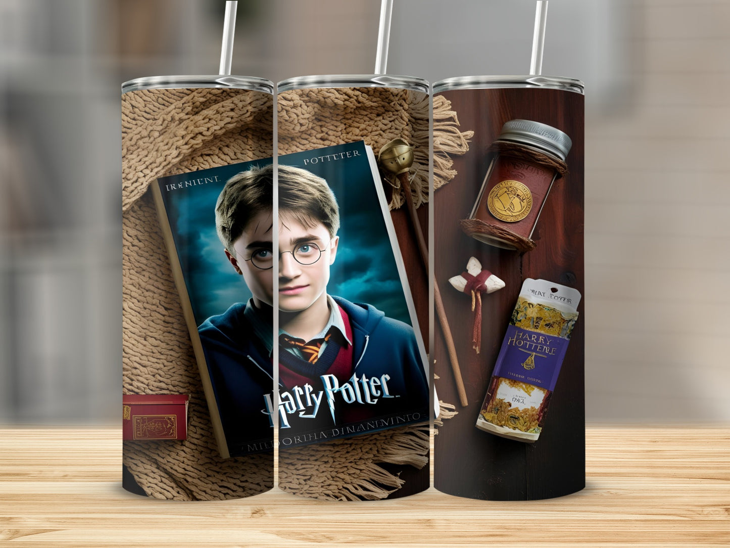 Harry Potter book with character, a wand, and two themed potion bottles.