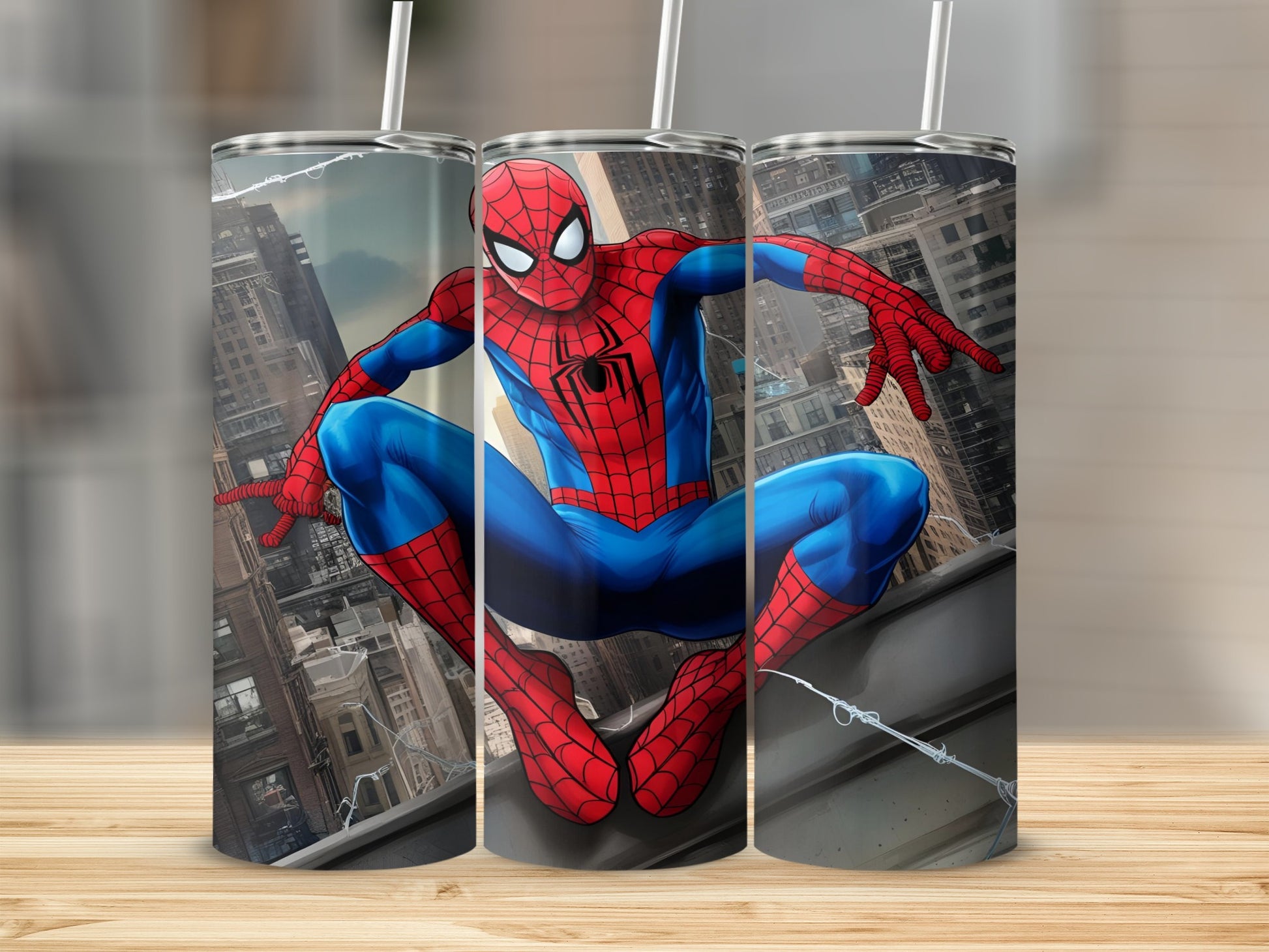 Spiderman crouching on a skyscraper ledge against a city background.